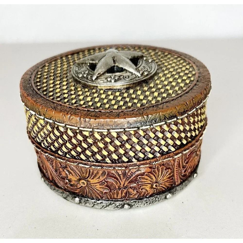 Midwest Seasons Tooled Leather Texture Round Resin Silver Star Trinket Box